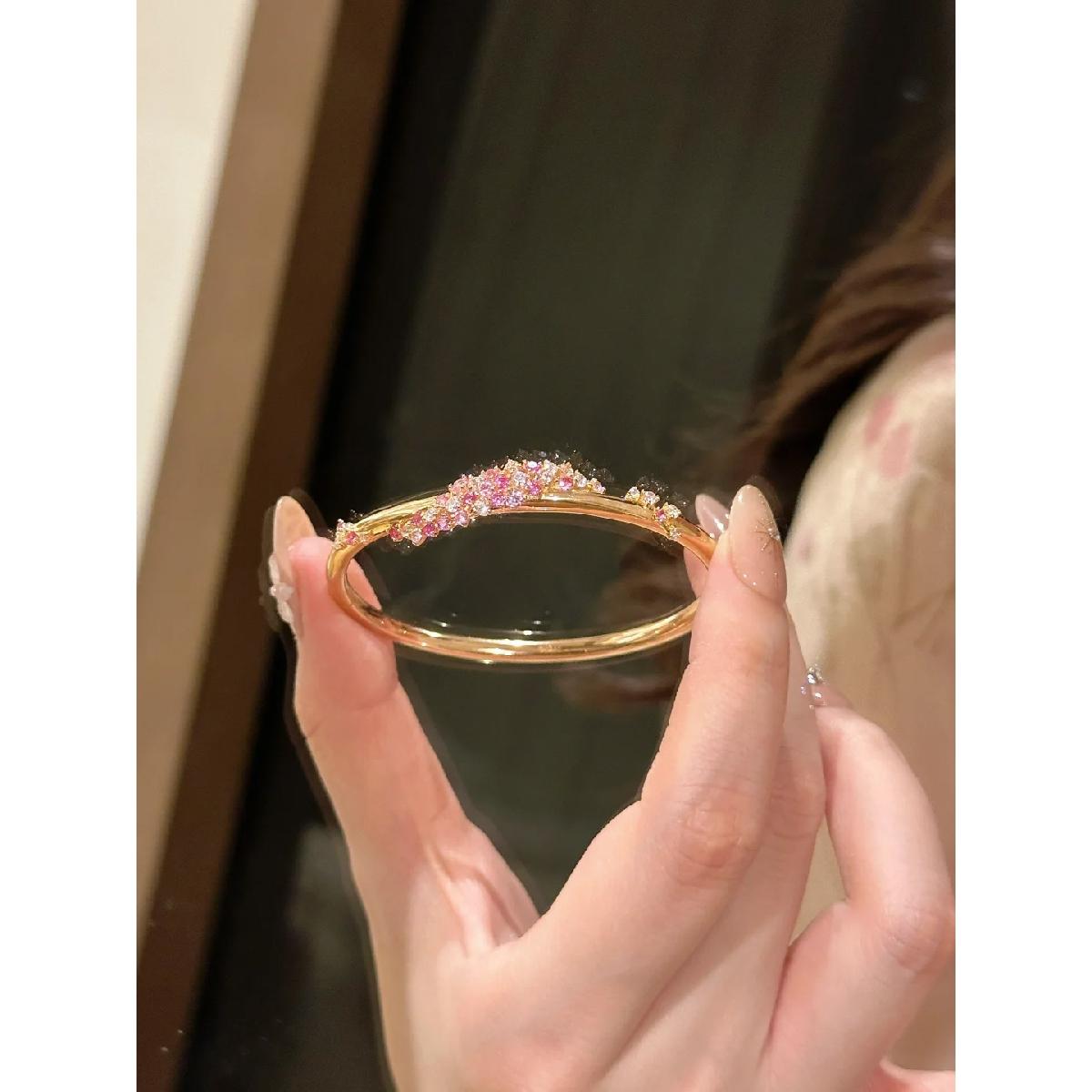 Elegant Pink Cluster Bangle Bracelet for Women, Dainty Sparkly Floral Wrist Cuff, Luxury Inspired Everyday Wear Jewelry, Trendy Bridesmaid Gift, Formal & Casual Outfit Accessory, Timeless Design Stackable Bangle, Perfect Gift for Birthday/Anniversary