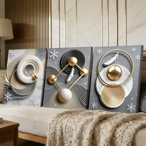 3 Counts Wooden Framed Canvas Painting, Elegant Geometric Gold And White Abstract Images, Exquisite Poster, Perfect Gift, Decor For Living Room, Bedthroom, Modern Art Design, Fashion Family Poster, Wall Art Decoration