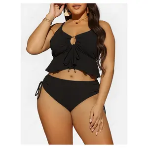 Plus Size Bikini Set Women Ruffle Swimsuit - Tie Front High Waisted 2 Piece Bathing Suit for Curvy Women, Flattering Swimwear for Beach, Pool, Vacation - Adjustable Straps