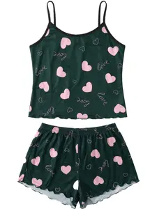 Crop Top and Short Pants Set, Heart Print, Casual Two-Piece, Spring Summer Wear, Home or Outdoor, Kj-B87015mf
