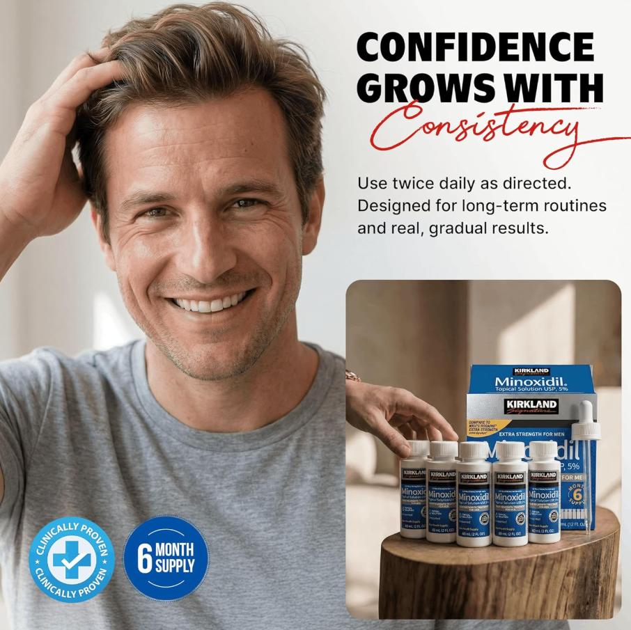 Kirkland Men's Anti-Hair Loss and Hair Growth Tonic, 5% Minoxidil Topical Solution, activates hair follicles, 6-month supply, 6-bottle pack, genuine product.