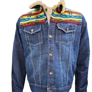 Lined Denim Jacket with Colorful South America Patterned