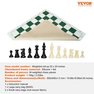 VEVOR Tournament Chess Set, 20 Inch Roll-Up Beginner Chess Board, Foldable Silicone Chess Game with Plastic Weighted Chess Pieces Storage Bag, Portable Travel Chess Board Gift for Adult Kid Family