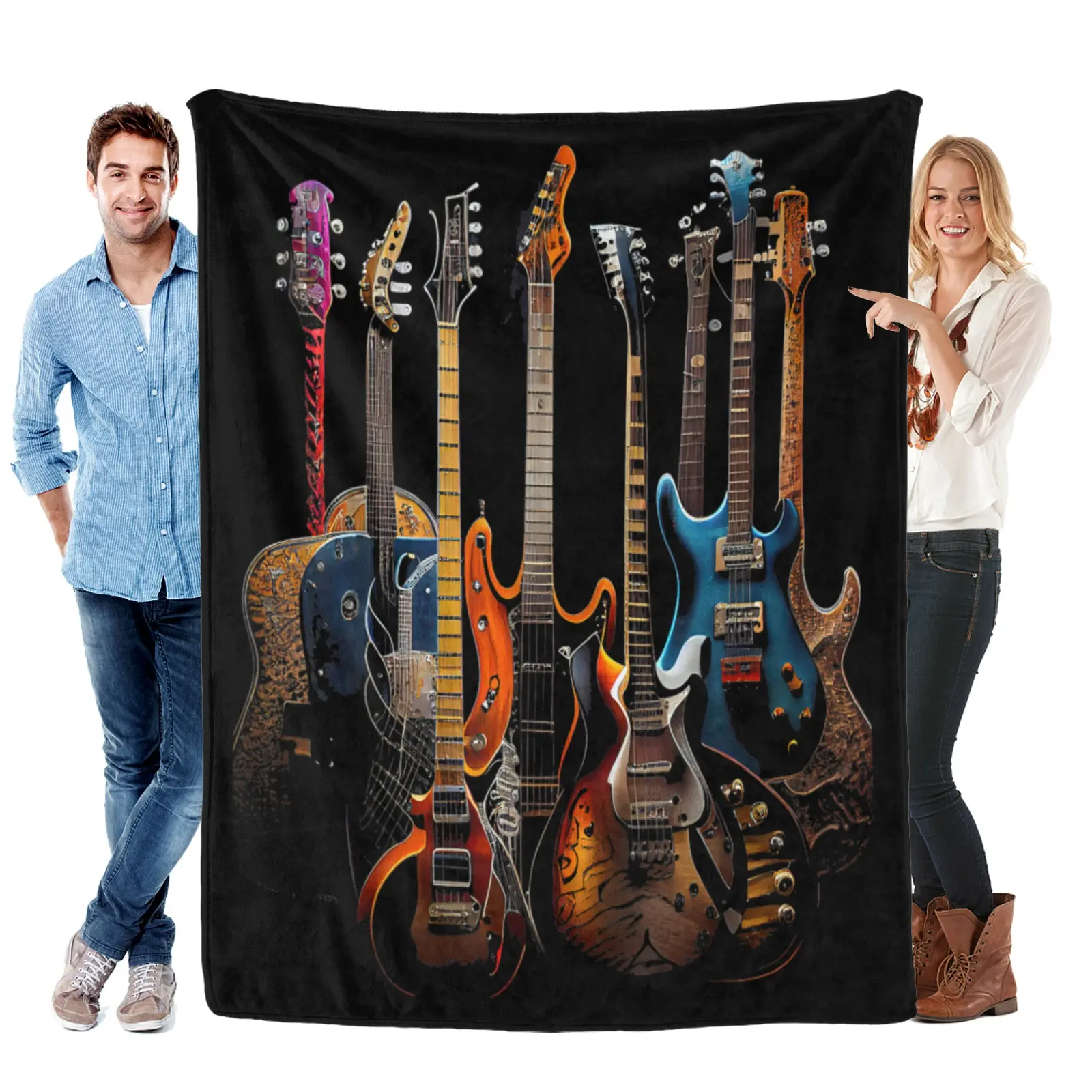 Vintage Guitar Assortment Blanket - Soft Flannel Throw for Sofa, Music Studio & Bedroom, Perfect Gift for Guitar Collectors and Classic Rock Fans Seeking Retro Music Home Decor