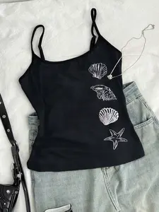 Women's Slim Fit Sleeveless Vest Tops, Starfish Shell Ocean Print, Adjustable Straps, Perfect All-Seasons, Casual Beach Vacation Wear