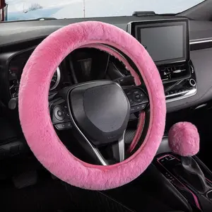 2PCS/Set Furry Car Steering Wheel Cover with Fluffy Gear Shift Cover Soft Fluffy Winter Warm Non-Slip Car Decoration Accessories Premium Protector Universal Fit Enhance Driving Safety for Women Girls