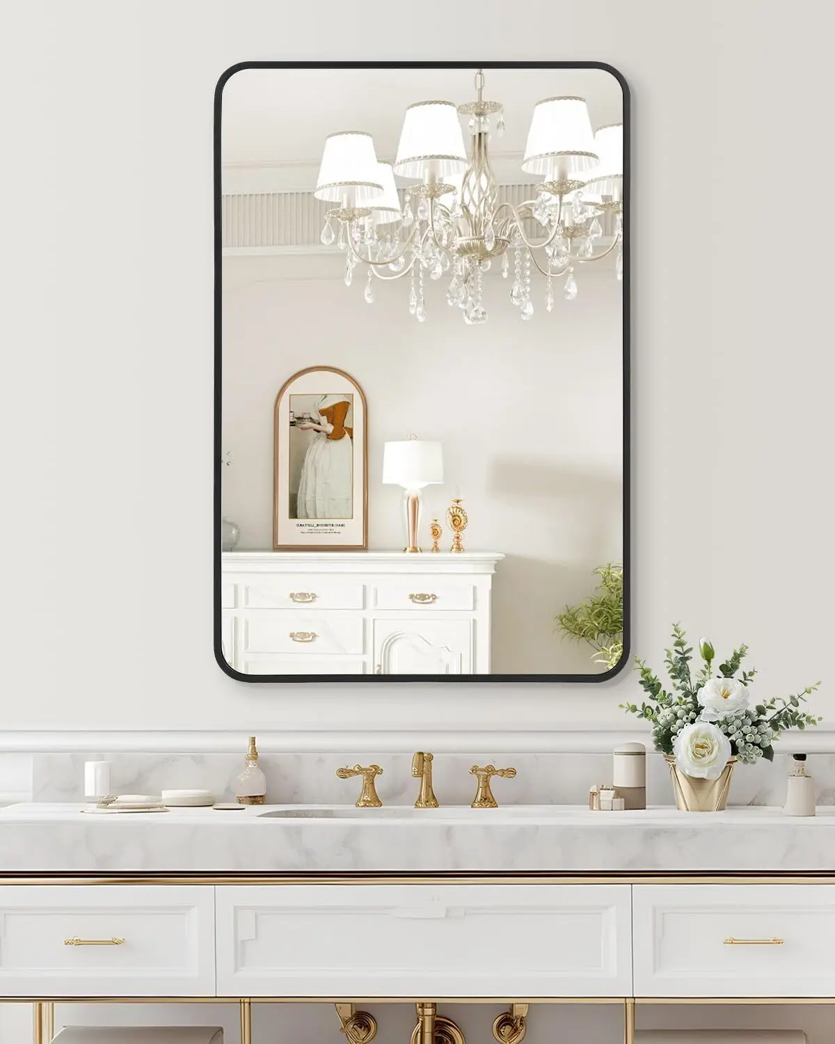 Square Bathroom Mirror, 24” x 36” Wall Mount Bathroom Mirror, Modern Wraparound Metal Framed Mirror, Bathroom/Bedroom/Entryway, Hang Horizontally or Vertically Mirrored Furniture