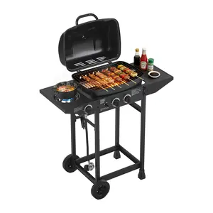 Dufominc Sturdy Square 2-Burner Gas BBQ Grill, 24000 BTU Model with Side Burner, Stainless Steel Build, Enameled Grates, Side Tables for Outdoor Patio Backyard Cooking