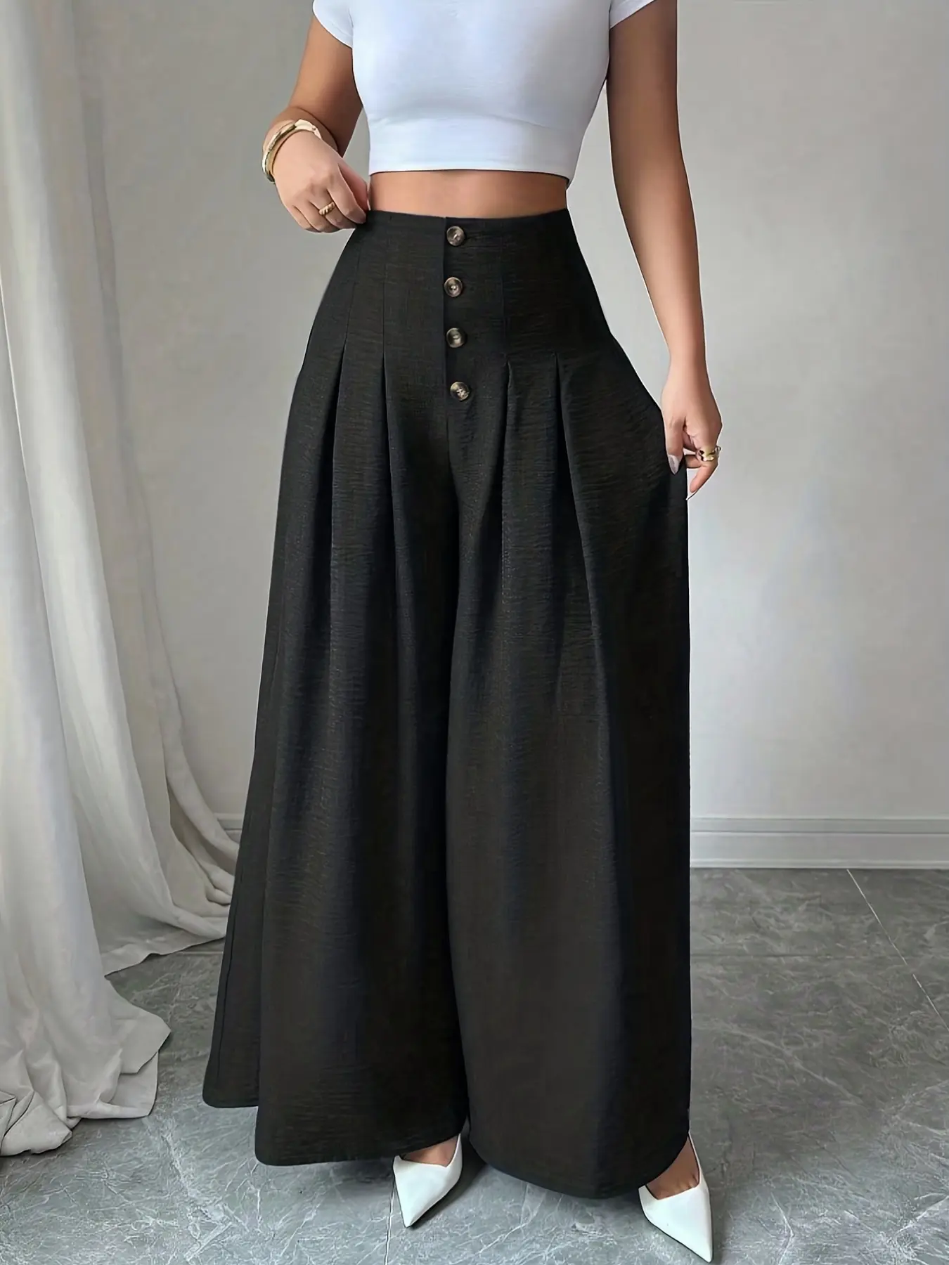 1 piece of fashionable solid color bell bottom Flowy Wide Leg Loose Palazzo Pants for women, suitable for commuting to work, shopping, outdoor activities, indoor and outdoor wear