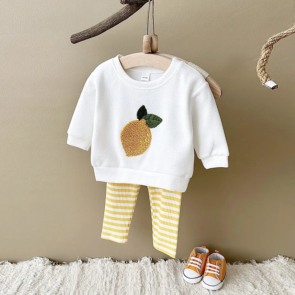 Unisex Baby 2-Piece Clothes Set - French Terry Lemon Embroidery Pullover, Striped Elastic Pants, Food Graphic Casual Playful Cute Gift Set for Spring & Autumn Kids, 2 Piece Sets
