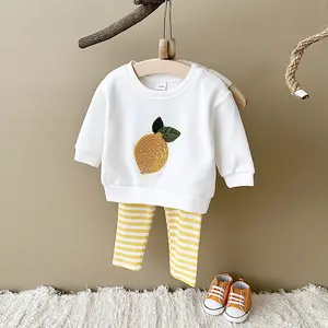 Baby Girl Boy Clothes Set Children Outfit Lemon Embroidery Pullover+Striped Elastic Pants Spring Autumn Kids Clothes Suit Cute Blends