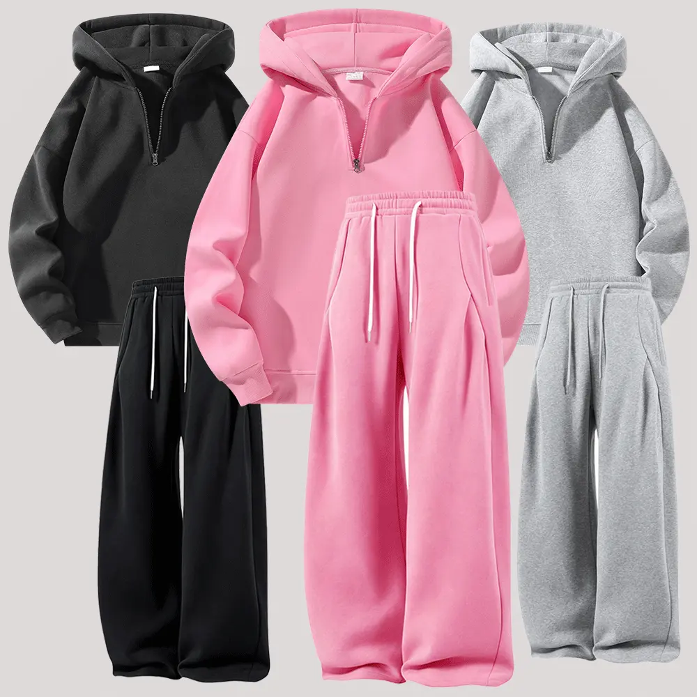 Solid-color sweatshirt and sweatpants set, minimalist street-style casual half-zip hooded top paired with wide-leg sweatpants featuring a drawstring waist design, suitable for everyday wear, campus, home, and city outings.