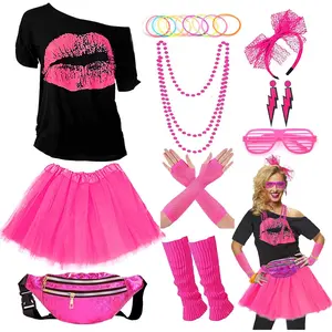 Upgraded 80s Outfit Costume for Women,80s Party Costume Accessory Sets with T-Shirt Tutu Skirt Waist Pack etc