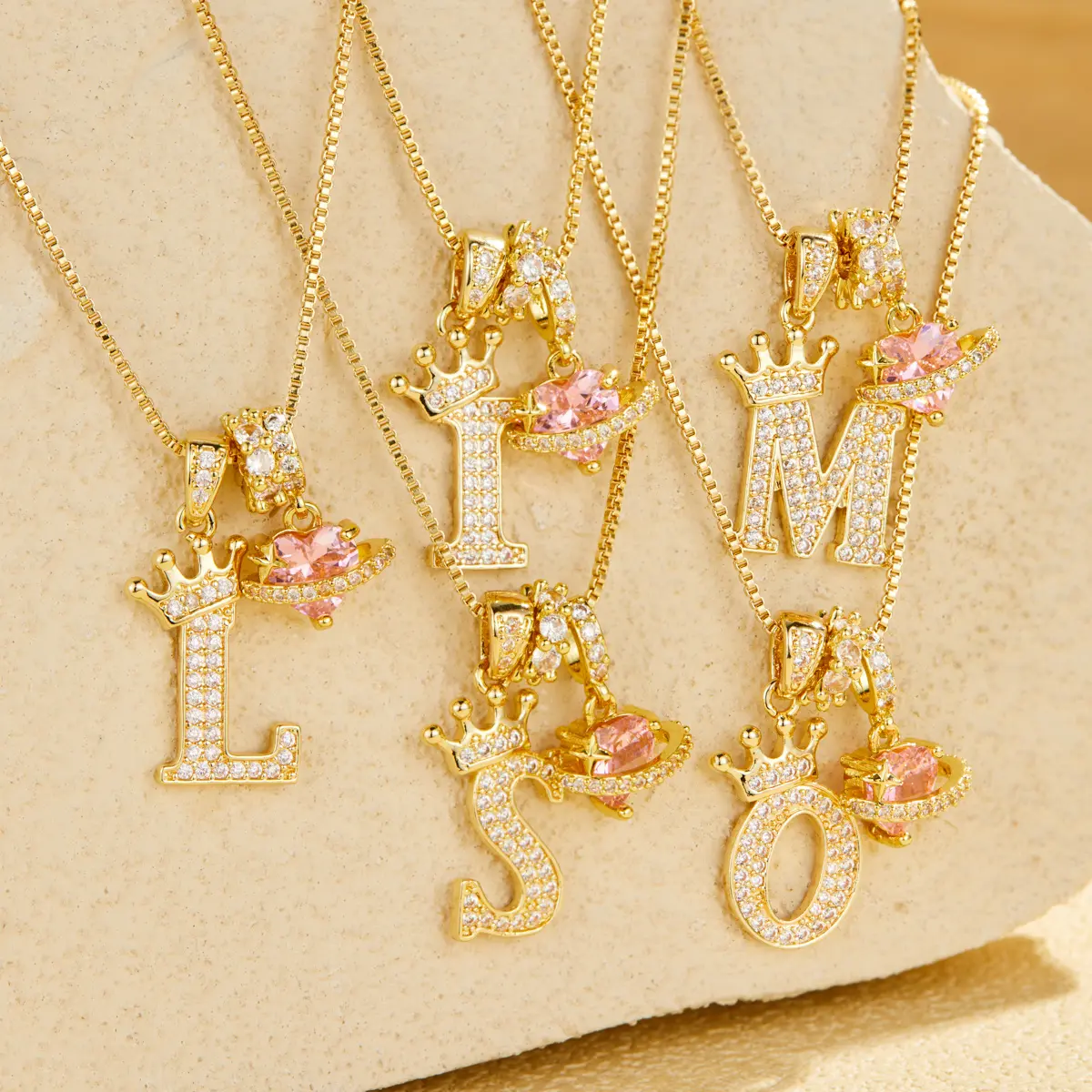 A-Z Crown Initial Heart Gold Plated Necklace, 18" Chain Iced Out Exquisite Trendy Pendant, Daughter Necklace from Dad, Birthday Wishlist Name Jewelry Gold Tone Chain, Gold Plated Necklaces, Name Necklace