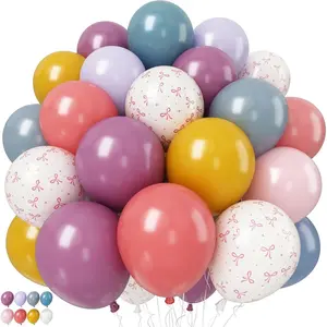 Retro Rainbow Balloons Pastel Bow Colorful Birthday Balloons Assorted Colors, 52 Pcs 12 In Pink Purple Blue Yellow Multicolor Kids' Party Balloons Bow Print Balloon bulk for Easter Bridal Shower