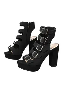 Black Platform Block Heel Gladiator Sandals With Multi Buckle Straps, Open Toe Cutout High Heel Ankle Boots For Party Nightclub
