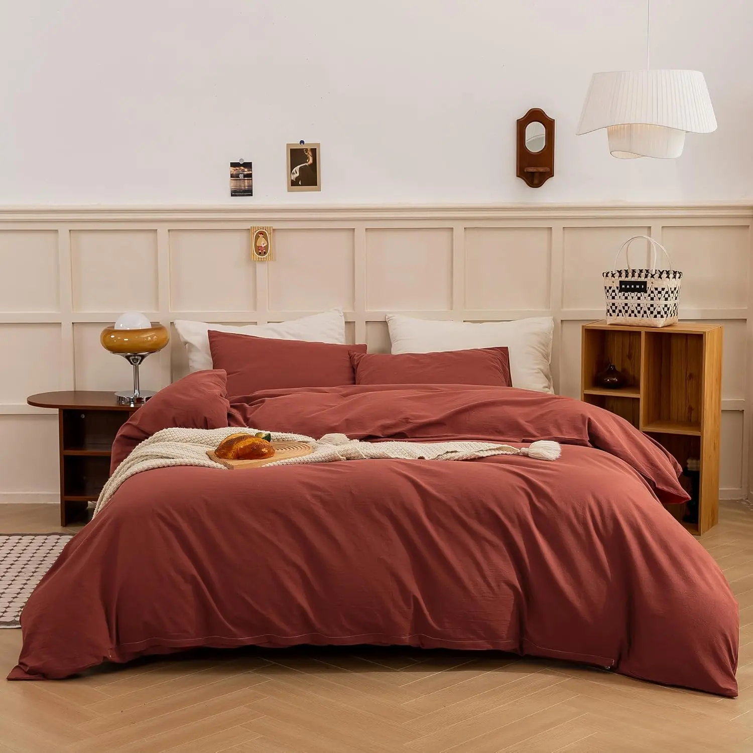 Burnt Brick Red Queen Size Duvet Cover Set - 3-Piece, 1 Duvet Cover 90"w x 90", 100% Washed Linen-Feel Textured Natural Fabric, Eco-Friendly, Classic, Breathable, Cooling, with Closure, 1 Duvet Cover 90"W X 90"L