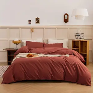 Duvet Cover Queen Size - Linen Feel Textured Natural 100% Washed, 3 with Closure, Burnt Brick Red