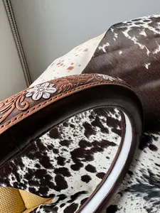 White Floral Western Tooled Leather Steering Wheel Cover