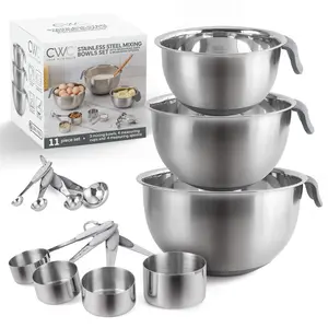 COOK WITH COLOR Stainless Steel Mixing Bowls Set and Measuring Cups- Nesting Bowls with Non-Slip Bottom and Easy-Grip Handles, Sage, 11 Pieces