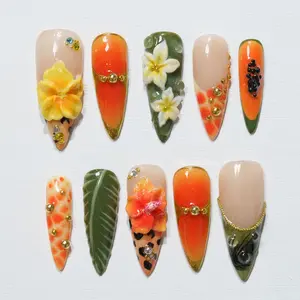 Aura Nails - Tropical Hibiscus Press On Nails, Orange Green Jungle Nails, 3D Flower Summer Nails