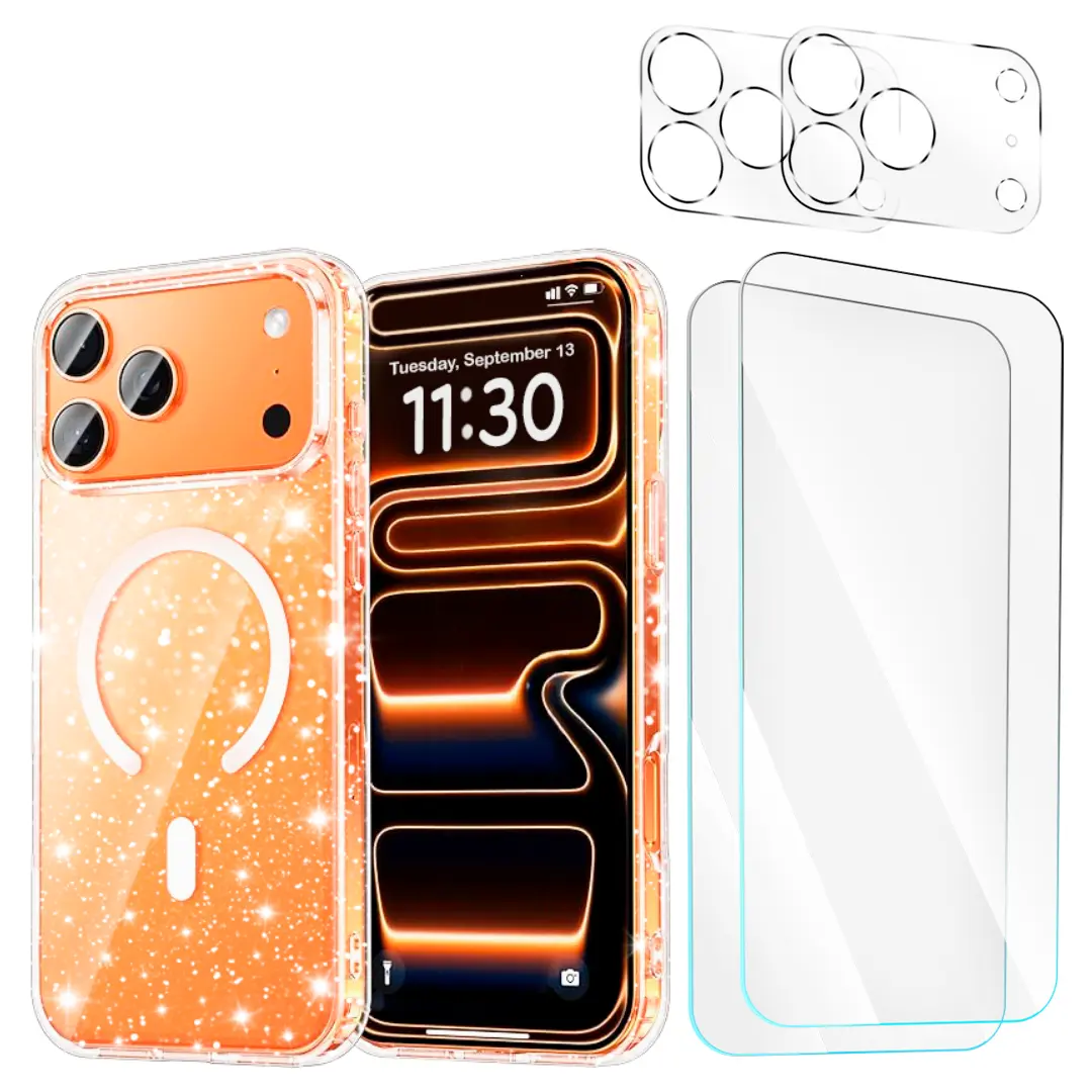 Entronix Bundle for iPhone 17 Air/Pro Max – Magnetic Glitter Clear Case, 2 Clear Screen Protectors & 2 Camera Lens Protectors, Bling Full Body Protection
