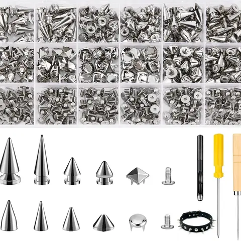 Leathercraft DIY Metallic Punk Accessory Kit - 455PCS 12 Sizes Durable and Stylish Premium Metal Cone Spikes, Square Pyramid Studs, Round Dome Rivets for Punching, DIY Craft Decoration, Punk Style Transform Your Style