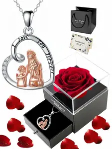 Love mother daughter necklace, acrylic drawer box, single rose gift box with greeting card included; Rose jewelry box, elegant copper pendant necklace, perfect gift for Mother's Day birthdays and Christmas