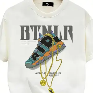 Men’s Round Neck Sneakers Print T-Shirt, Big Gold Chain Design, Youthful Couple Streetwear