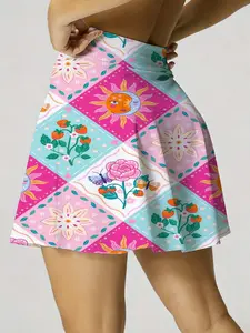 Summer Women's Lightweight Sporty Tennis Skirt and Shorts Set with Pockets, Floral Print, Ideal for Running Yoga Fitness