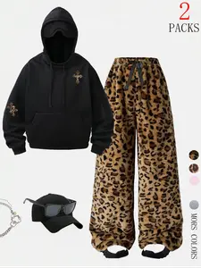 2 Piece Leopard Print Hoodie and Warm Pants Set, Stylish Loose-Fitting Sweatshirt and Warm Trouser Combo for Fall & Winter Comfort
