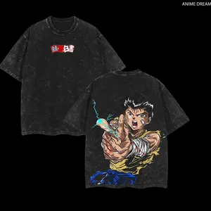 Yusuke Urameshi Yu Yu Hakusho Double Sided Print Vintage Washed Tee Heavyweight Cotton Oversized Unisex Anime Manga Shirt Casual Retro Streetwear Soft Comfortable Daily Wear Urban Fashion Top for Men Women