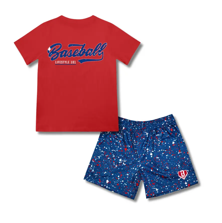 Baseball Lifestyle 101 Splatter Shorts & Tee USA Colors, Matching Baseball Outfit for Youth & Adults, Patriotic Athletic Apparel, Baseball Streetwear Set