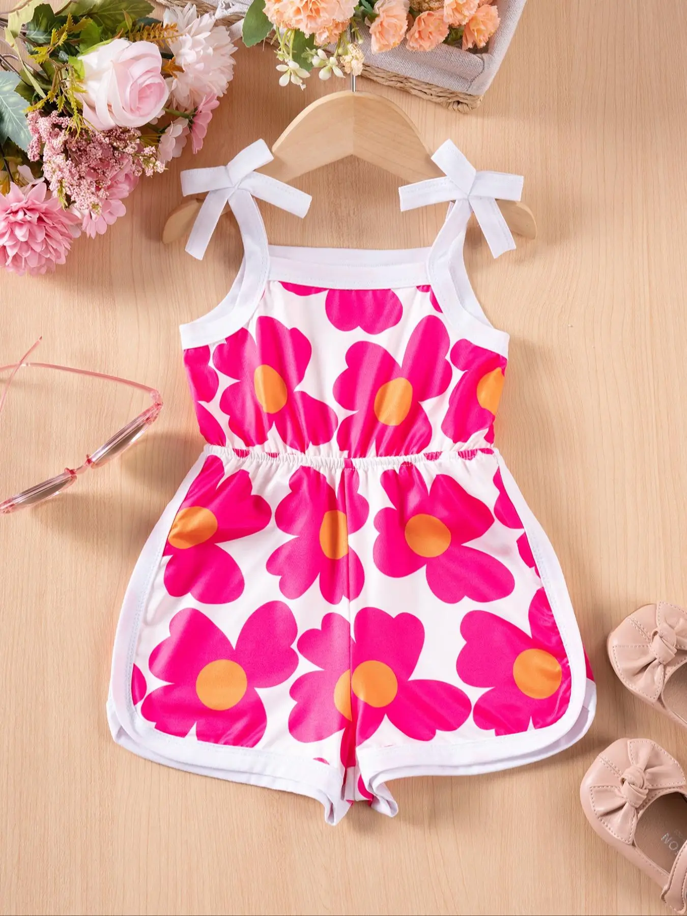 Toddler Girl's Floral Print Cami Romper, Cute Sleeveless Spaghetti Strap Romper for Summer, Toddler Girls Clothing for Daily Wear