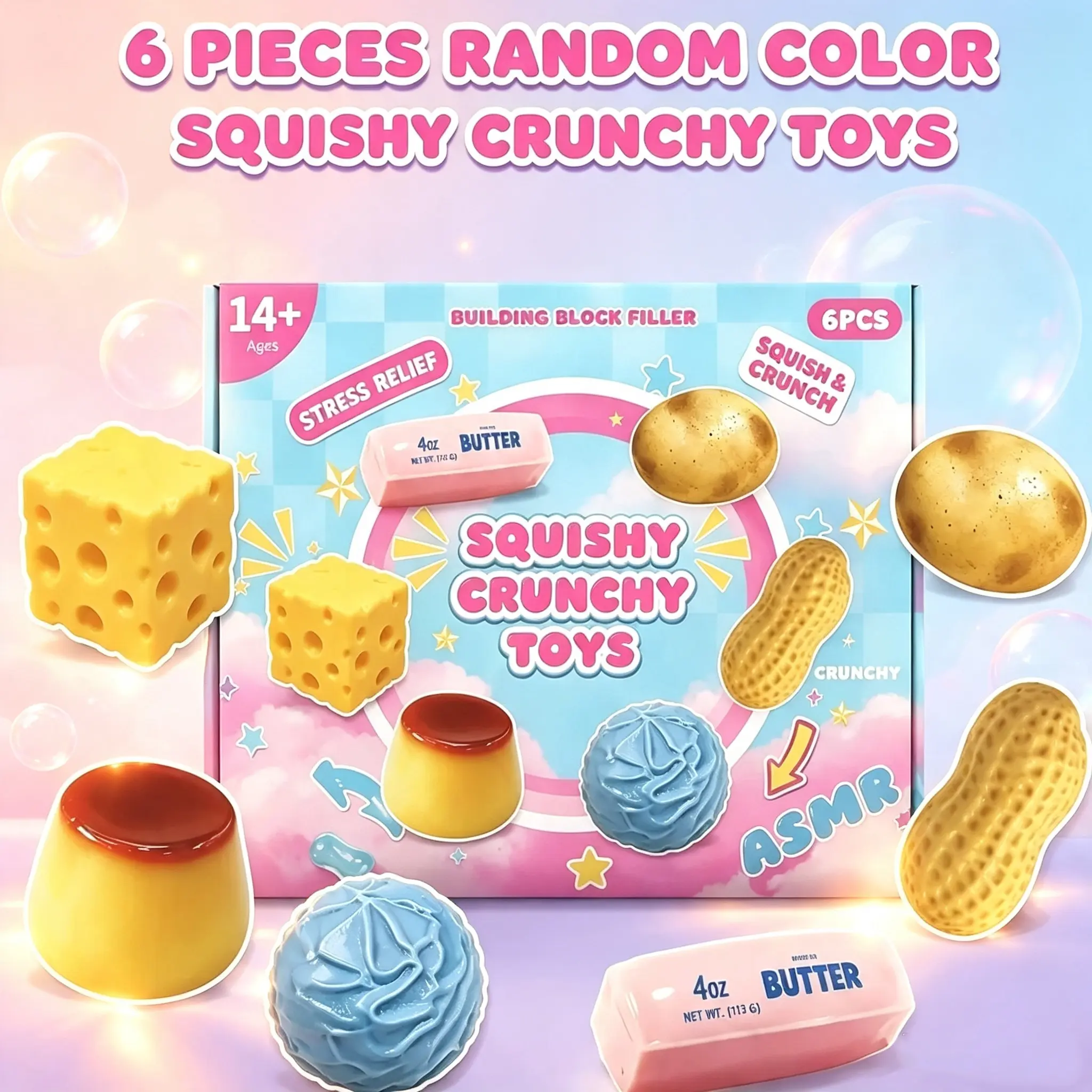 6 Pack Random Color Squishy Crunchy ASMR Toys, Squeeze Sensory Fidget Toys, Stress Relief Novelty Funny Toys for Party Birthday Gifts