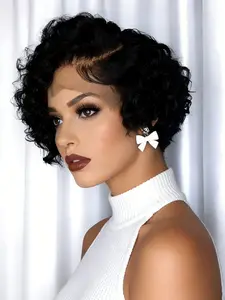 black color pixie cut human hair wigs  short curly human hair wig for women 13x4x1 T part lace curly natural black color daily party cosplay gift use  wig Kinky Curly Wig