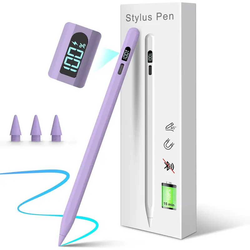 Elecomo Stylus Pen for iPad 10th/9th Gen – Purple | LED Display, Fast Charge Apple Pencil iPad Pen, Palm Rejection & Tilt | Compatible with iPad 10/9/8/7/6, Pro 12.9"/11"/M4, Air 5/4/3/M2, Mini 6/5