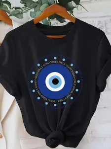 Women'S Boho Chic Evil Eye T-Shirt - Black with Blue Eye Graphic, Casual Round Neck Short Sleeve Tee, Perfect for Spring & Summer, Casual Wear | Eye-catching Design | Polyester Fabri