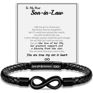Leather Bracelet for Men Teen Boy Gifts to My Son Bracelet from Mom Fathers Day Bracelet Gifts for Dad Grandpa Love You Forever Engraved Husband Birthday Gift Ideas Infinity Knot Jewelry