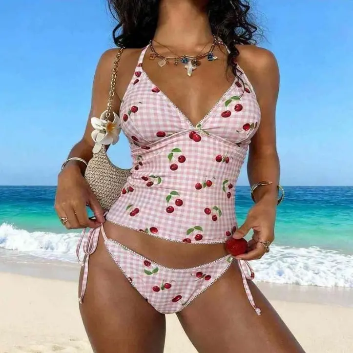 2026 New Cherry Gingham Tankini Swimsuit For Women - Sweetheart Neckline Two Piece Bathing Suit - Retro Vintage Style Summer Beach Swimwear - Adjustable Straps, Tankini Swimsuits Set