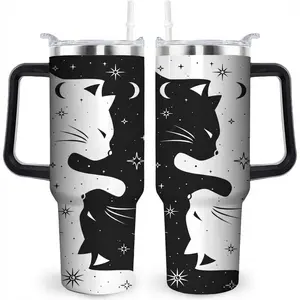 Gothic Cat 40oz Insulated Stainless Steel Tumbler with Handle & Straw Lid, Dark Aesthetic Travel Mug, Gift for Cat Lovers Women