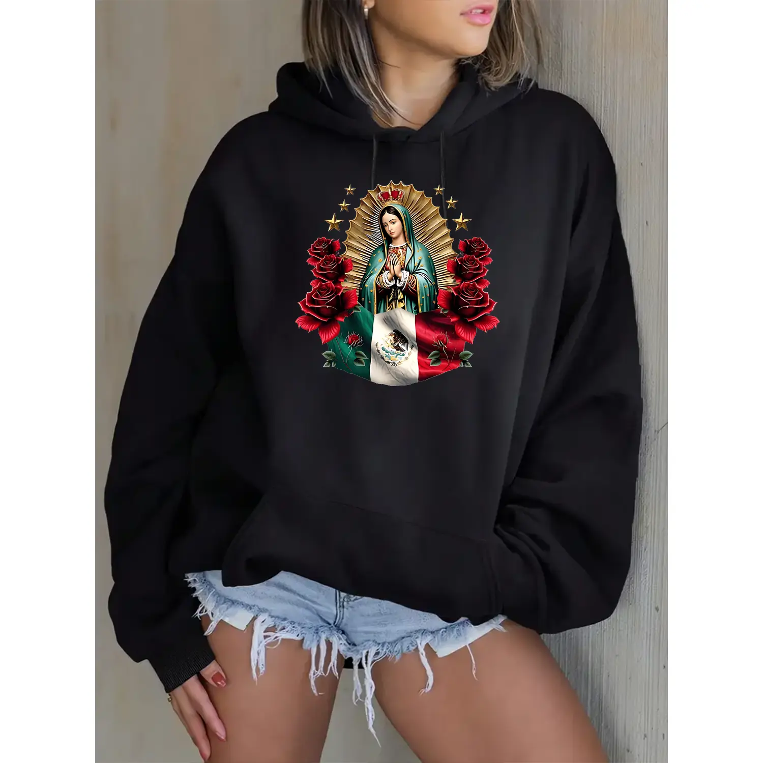 minimalist virgin mary mexican flag hoodie sweatshirt