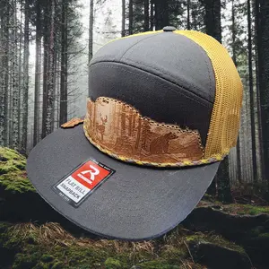 The Trifecta Cap Hand-Sewn Genuine Leather Patch, 7-Panel Flat Bill Snapback with Paracord Accent Desert, Whitetail Buck, & Bear Imagery