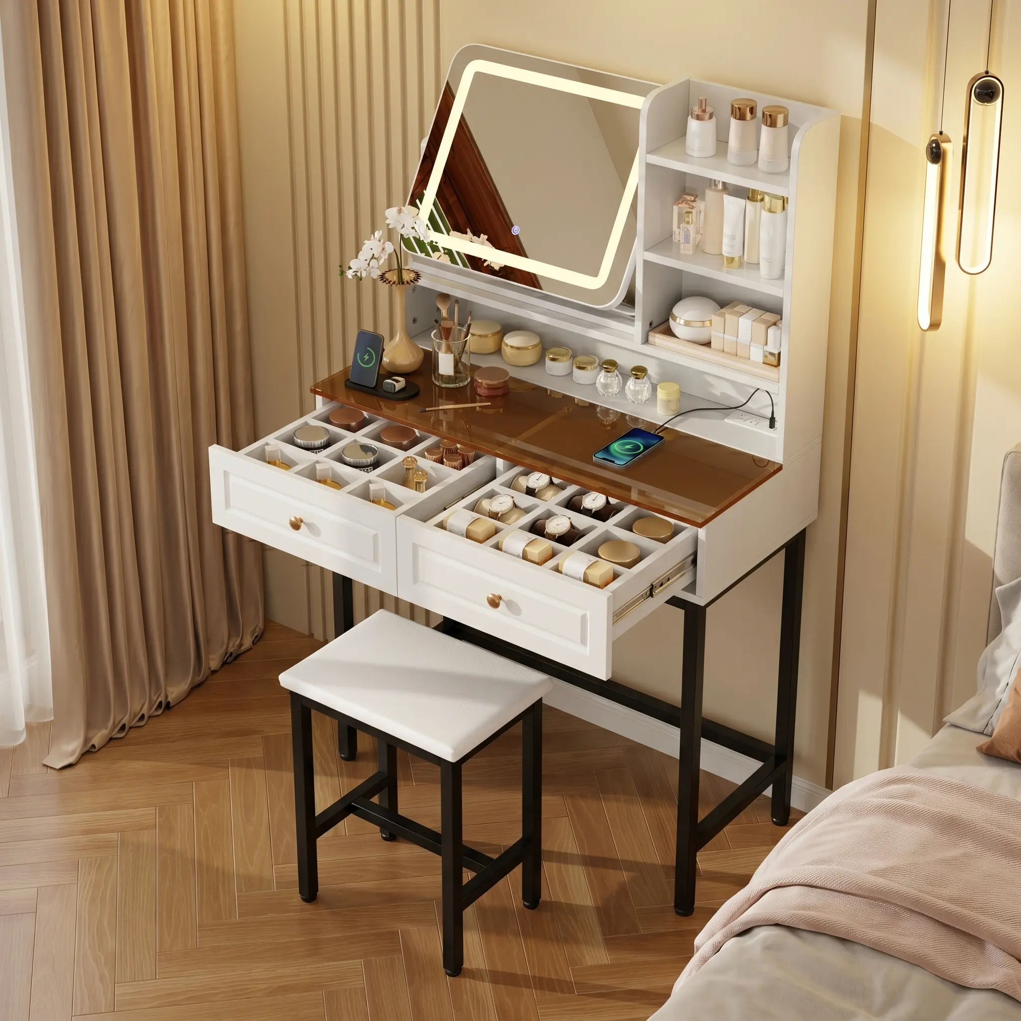 360° Rotatable LED Makeup Vanity with 3-Tone Dimmable Lights, 8mm Amber Tempered Glass Top, Storage Drawers & Open Shelves, Built-in 2 USB 2 AC Charging Ports, PU Cushioned Stool, Sturdy Metal Legs with Adjustable Anti-Scratch Foot Pads