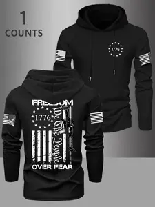 Men's Flag Print Hooded Long Sleeve Fitted T-Shirt, Casual Daily Wear, Fashion Outdoor Clothing, Versatile and Stylish Top, Graphic Streetwear Clothing