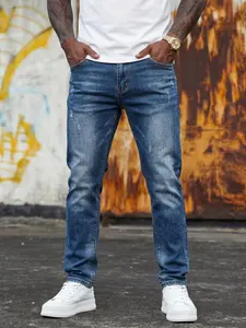 Men's High-End Slim Fit Elastic Denim Jeans, Casual Style with Distressed Worn Details, Comfortable All Season Wear, Normal Fit