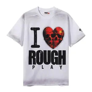 Extra Baggy "ROUGHPLAY" Graphic Tee Retro Faded w/ Rhinestone & Ripped & Worn| 2000s Retro Edgy Grunge Urban Street Style T-Shirt| For Men & Women Edgy Destroyed Top for Men Women Warm Weather Music Festival Daily Outfit