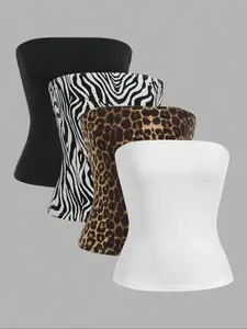 Women's Solid/Zebra Stripe/Leopard Print Tube Top, Casual Fashion Comfortable Strapless Top for Daily Wear, Ladies Clothes for All Seasons