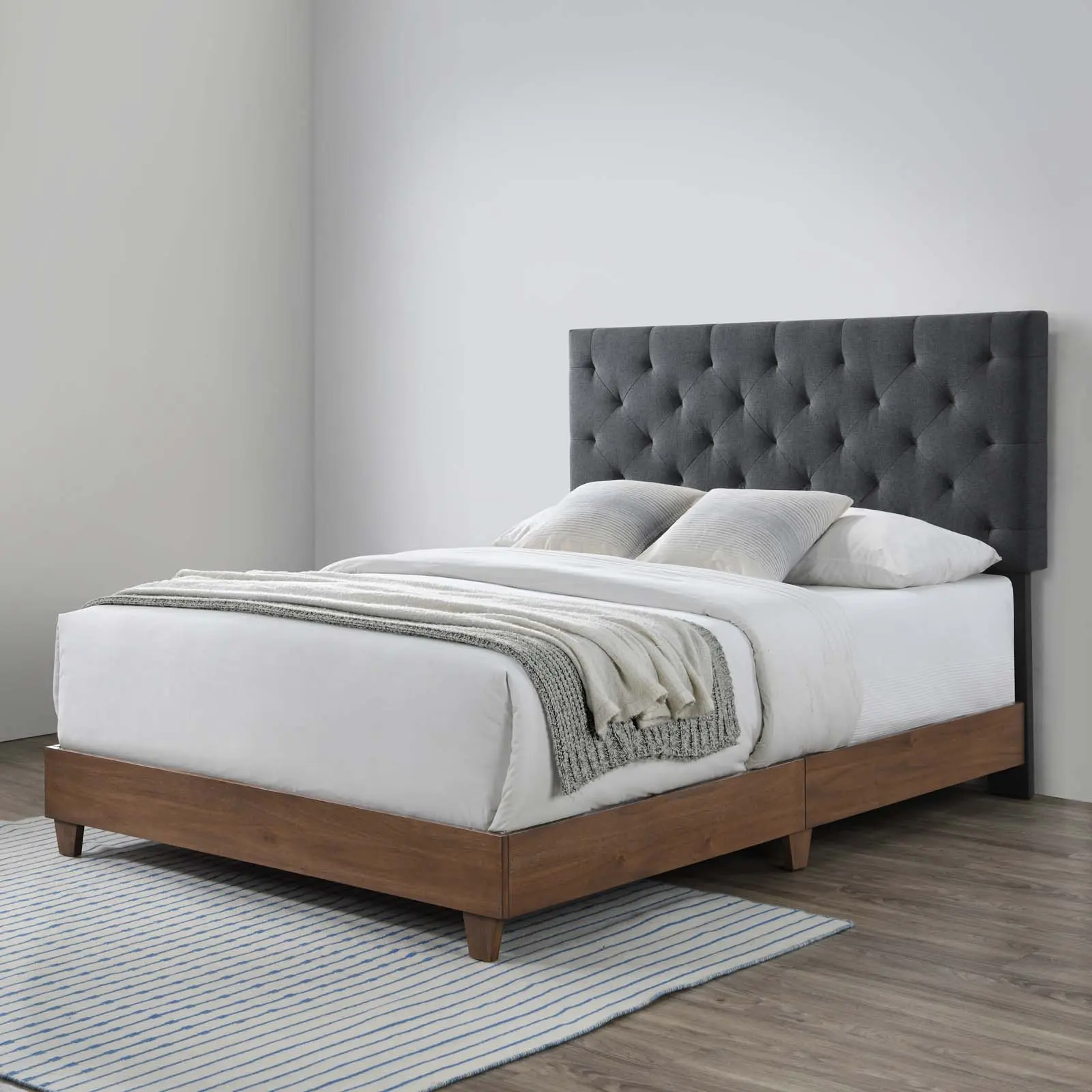 Modway Rhiannon Diamond Tufted Upholstered Fabric Queen Bed in Walnut Gray