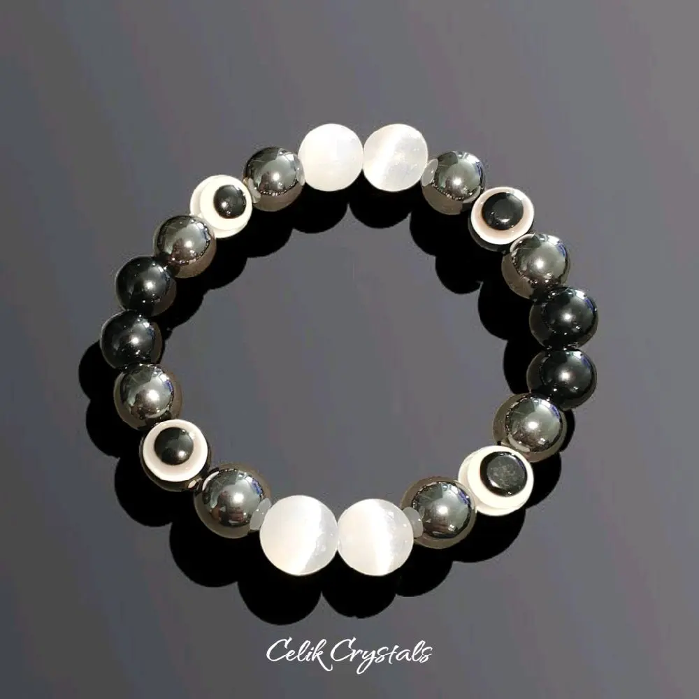 Evil Eye, Selenite, Black Tourmaline, Hematite Bracelet 8 or 10mm Beads Stretches Unisex - Ultimate Protection Bracelet Cleansing